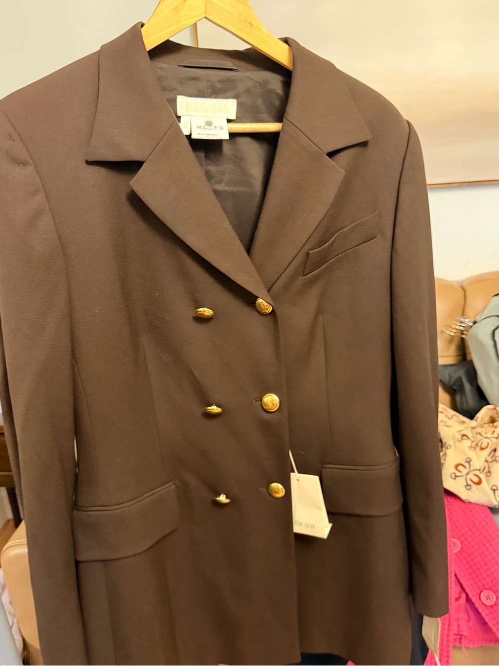 Escada Chocolate Brown Double-Breasted Blazer with Gold Buttons
